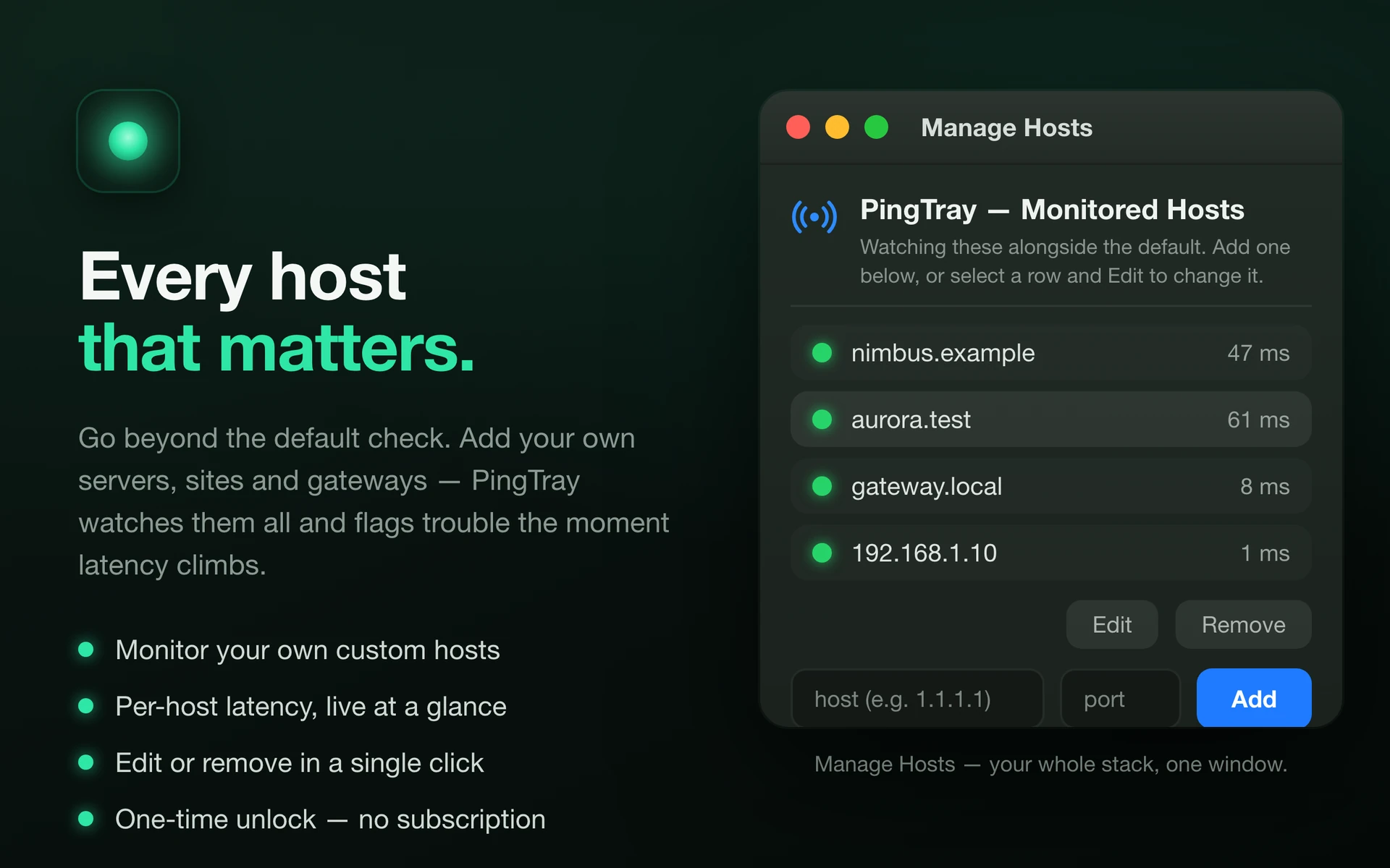 PingTray Manage Hosts window with several custom hosts
