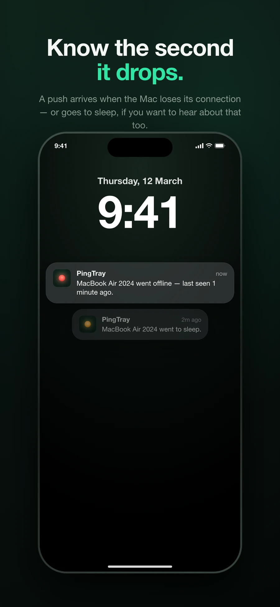An iPhone lock screen with a PingTray offline notification