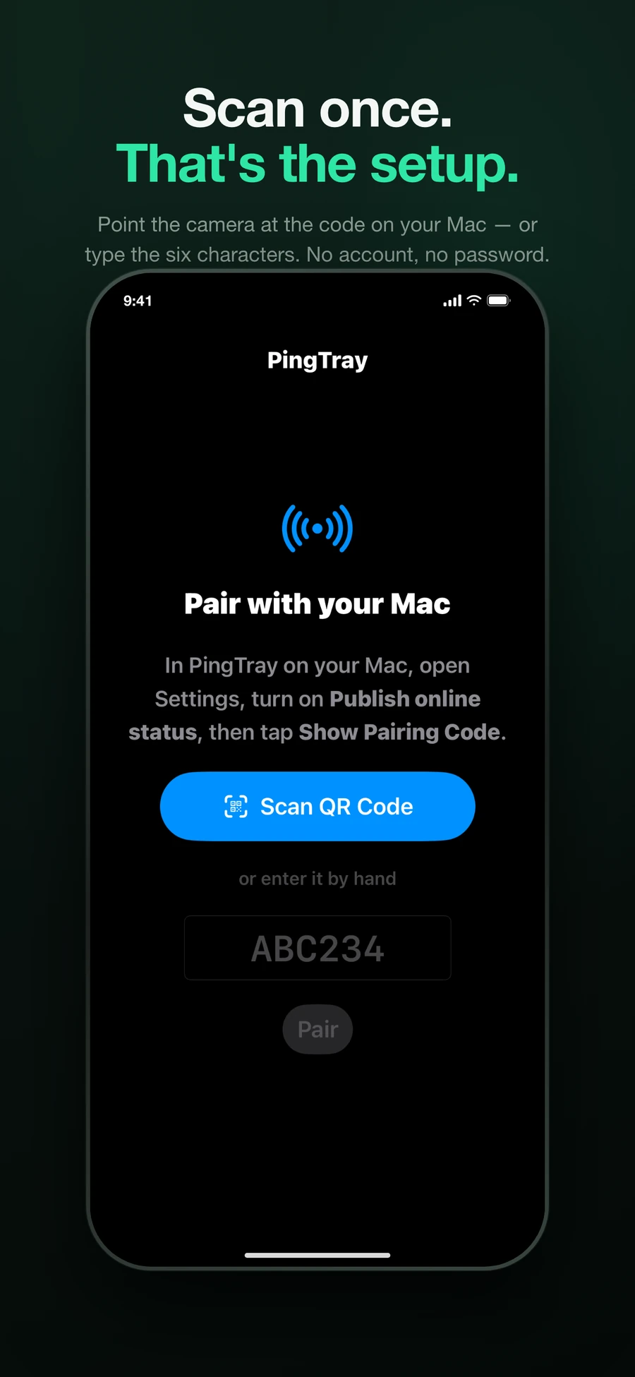 The pairing screen in the PingTray iPhone app