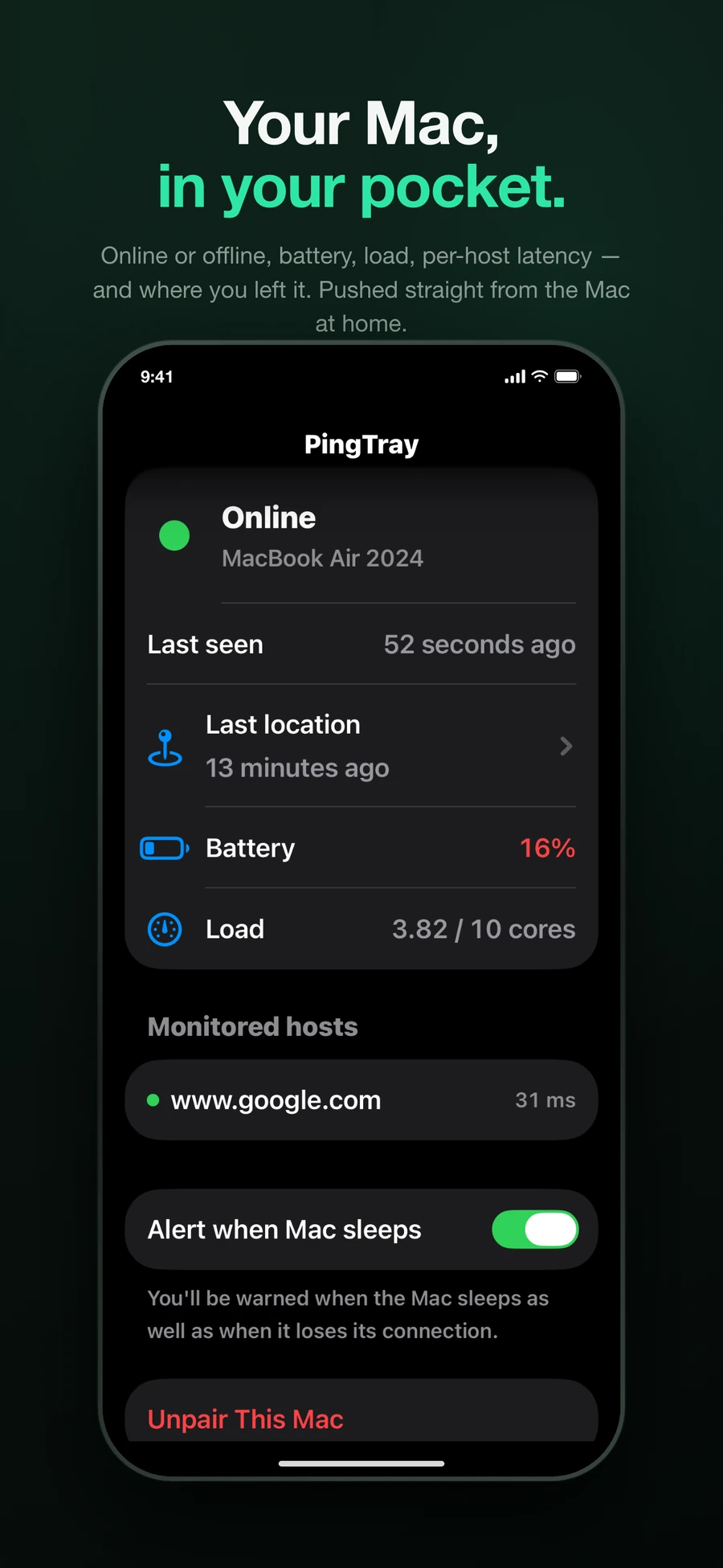 The PingTray iPhone app showing a Mac online with battery and load