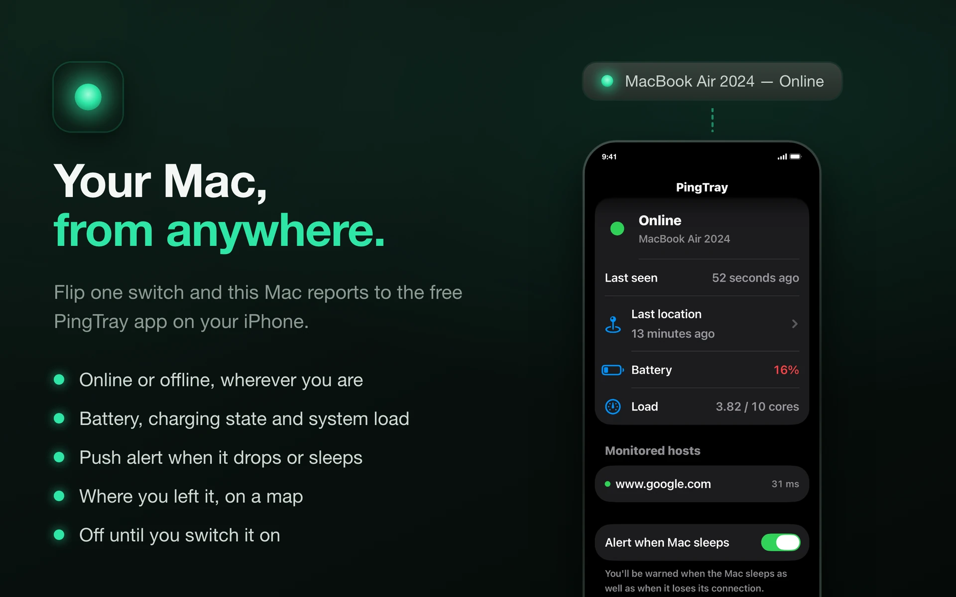 PingTray on an iPhone showing a paired Mac's status
