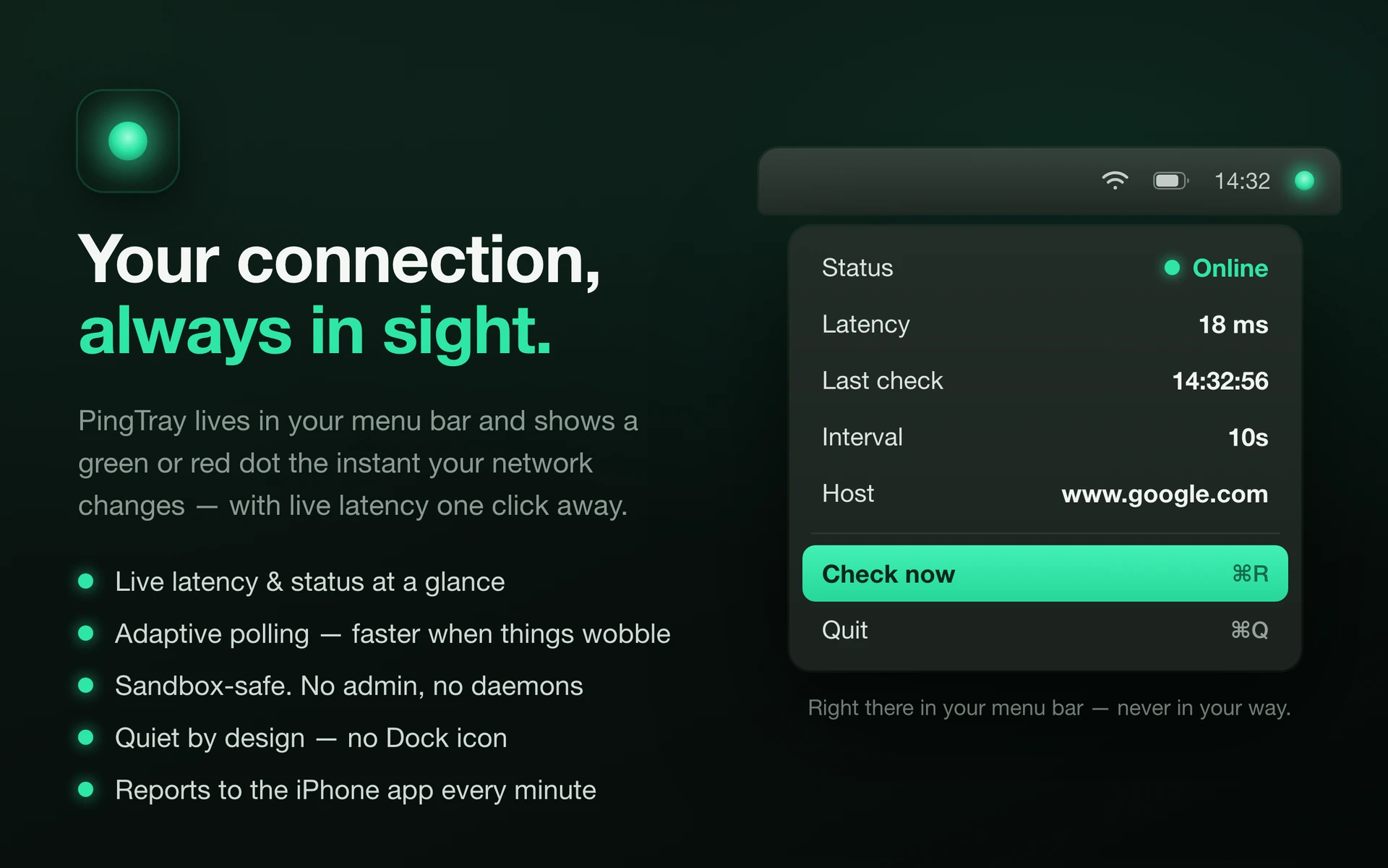 PingTray menu open in the macOS menu bar