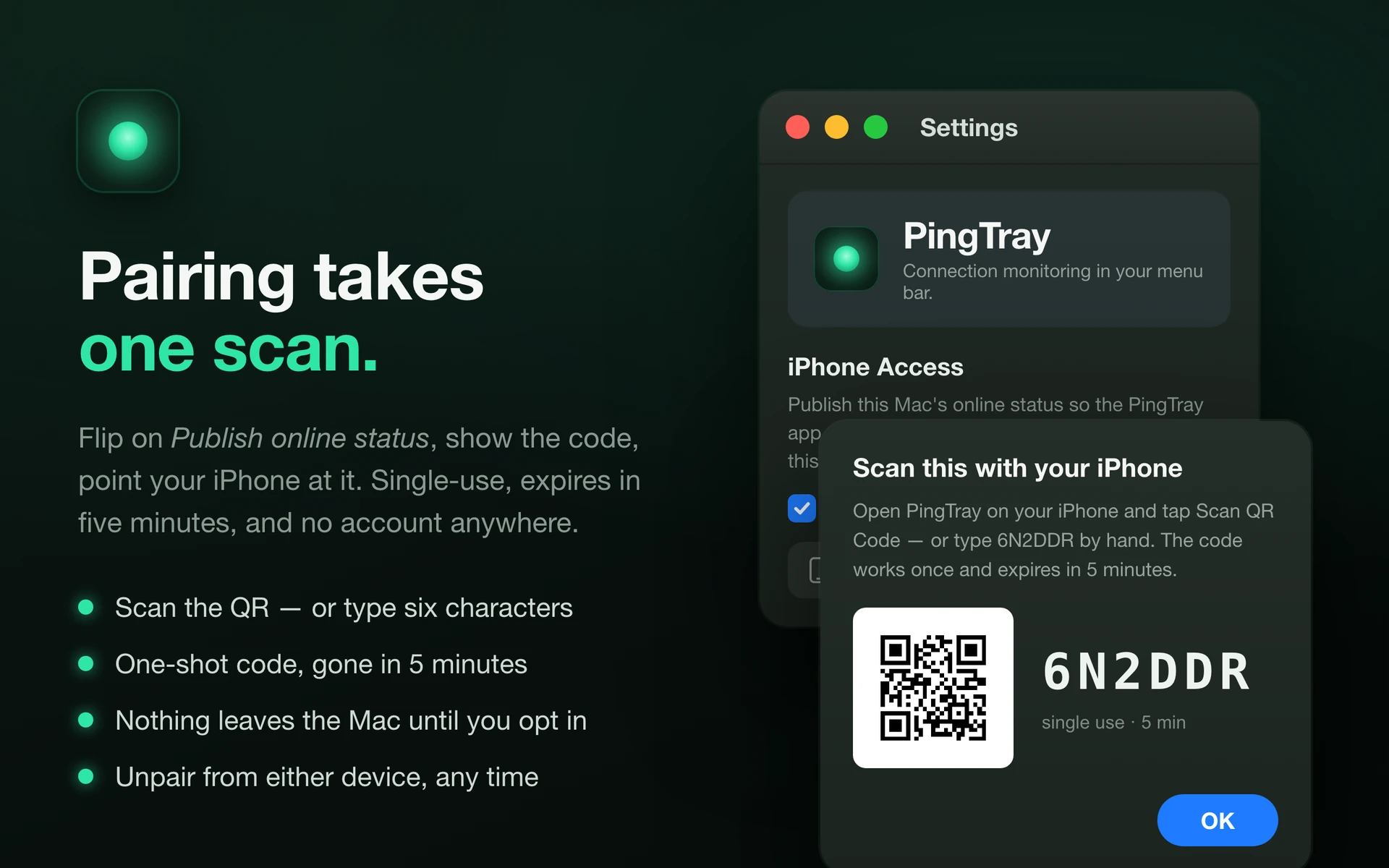 PingTray's pairing code on the Mac, ready to scan