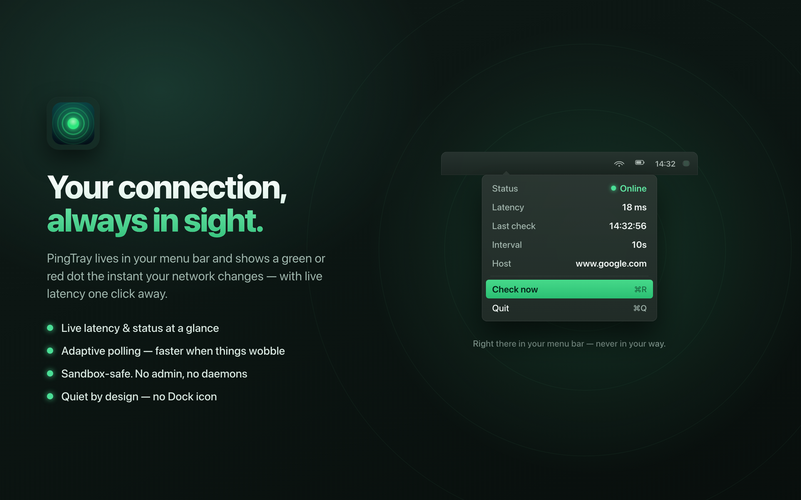 PingTray menu open in the macOS menu bar